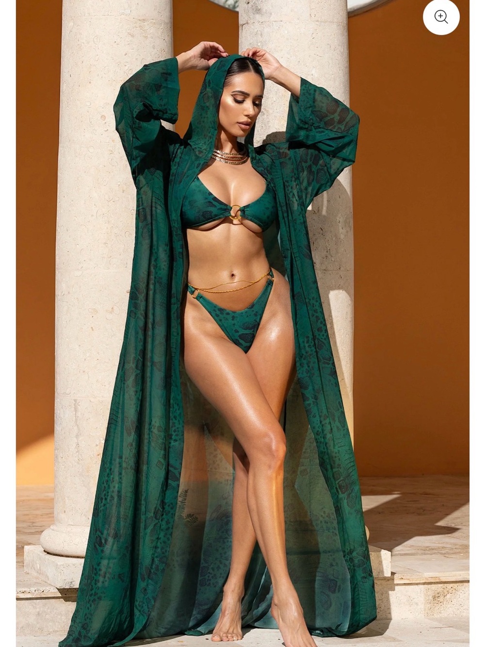 Gaia Hooded Cover Up - Jade Snake - Emerald Green Sheer Hooded Swim Cover-Up - Picture 3 of 6